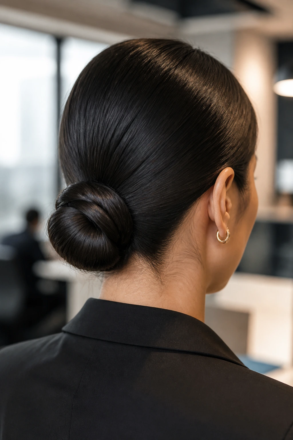 Back view of a real woman with a low sleek chignon at the nape in an office setting