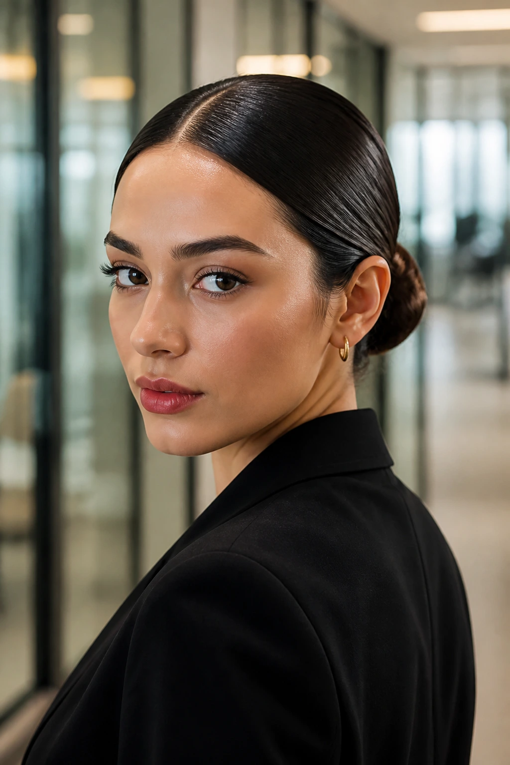 Close-up portrait of a real person with a sleek low bun and sharp center part in an office setting