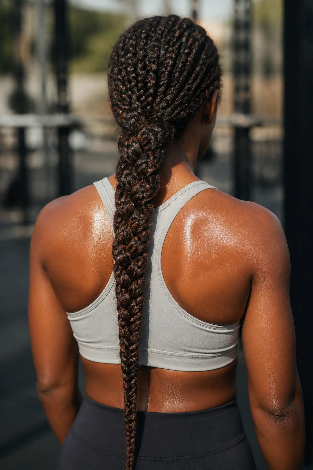 Back view of a real woman with a low-slung athletic braid made of tree braids