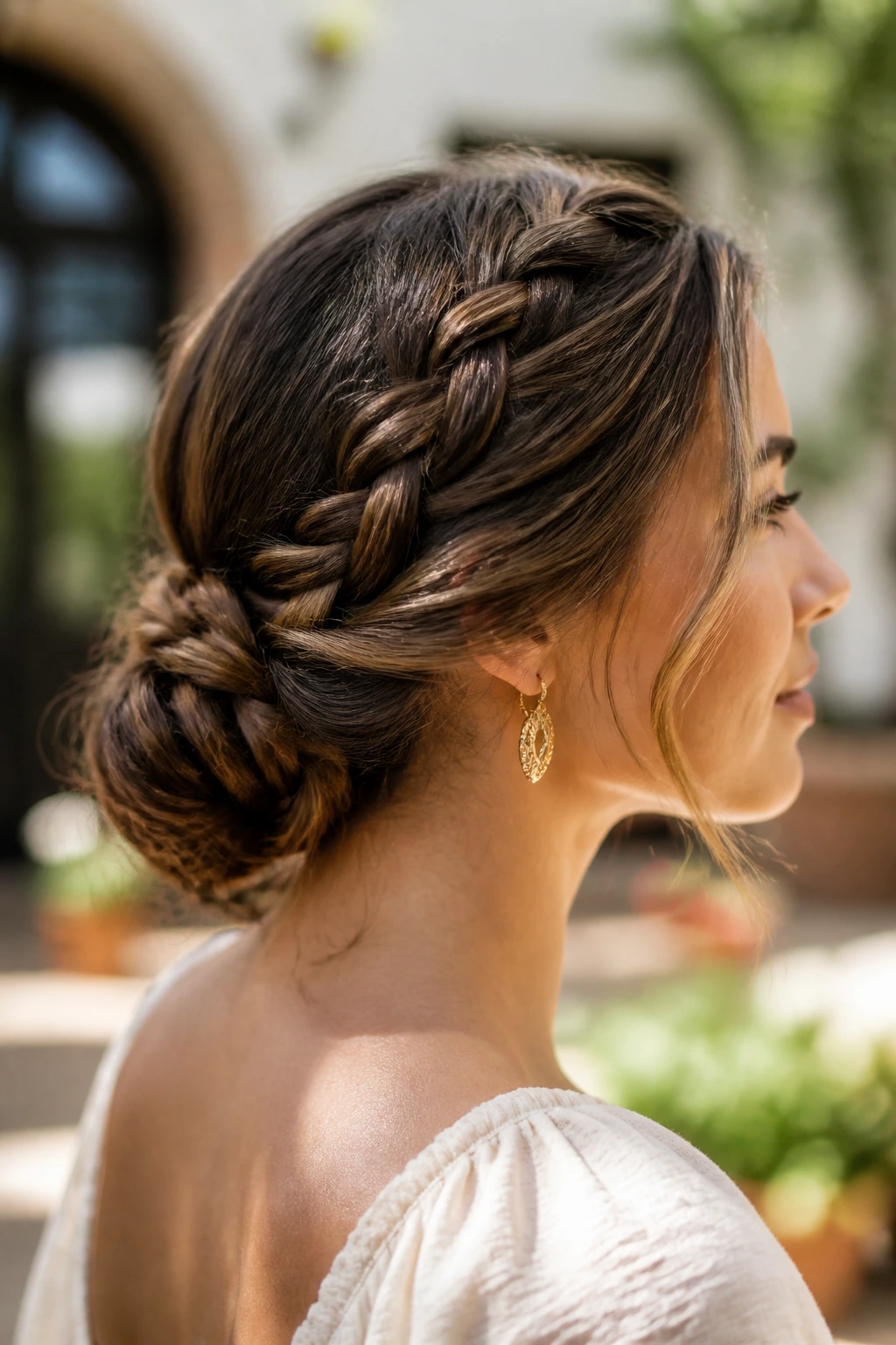 Side-profile view of The Low-Slung Chignon Braid on a real person