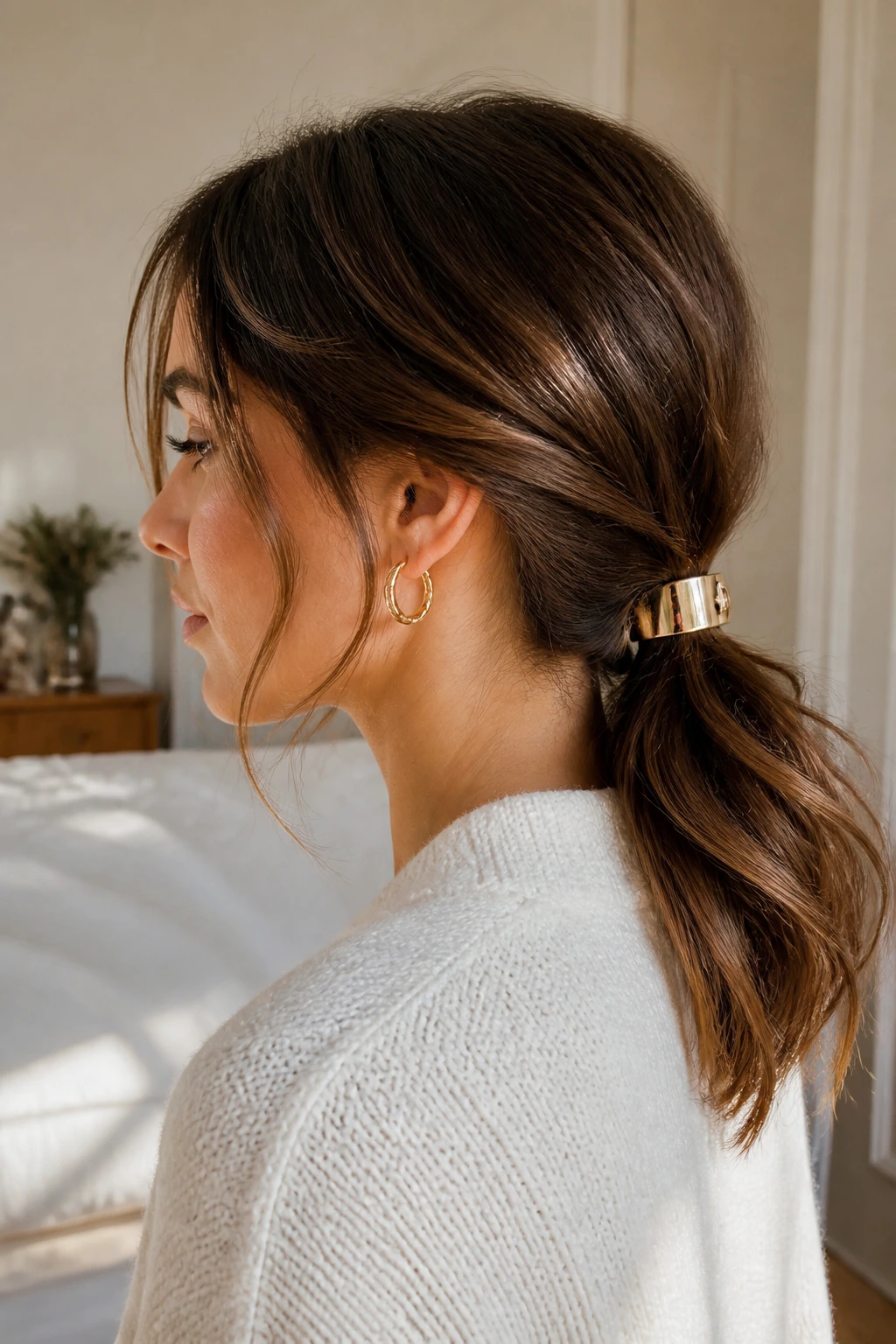Close-up of a real woman wearing a low-slung half-up ponytail with a decorative clip.