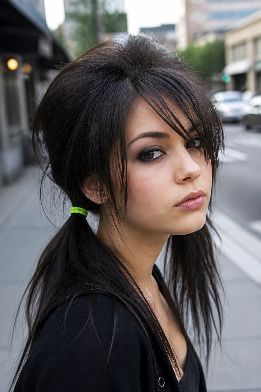 Real person with low-slung pigtails and teased roots on an outdoor city street.