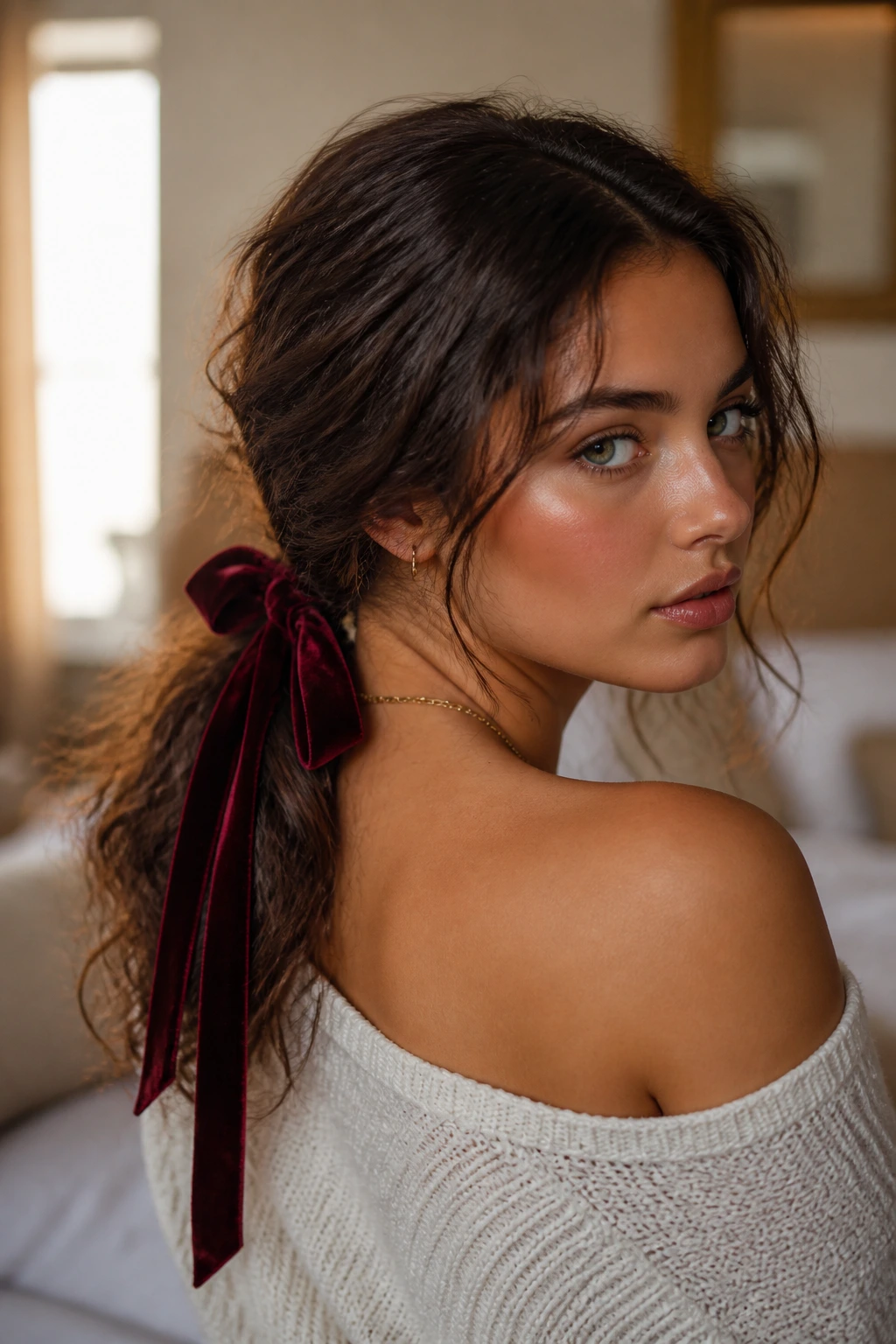 Close-up of a real woman with a low-slung ponytail and long ribbon