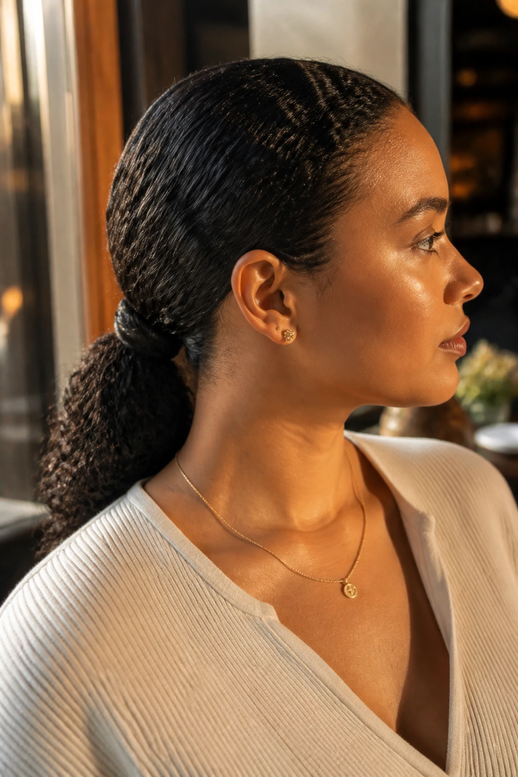 Side-profile of a real person with a low-slung ponytail at the nape in warm light