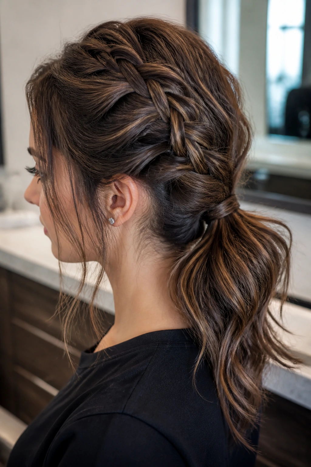 Real woman with a French braid flowing into a textured low ponytail