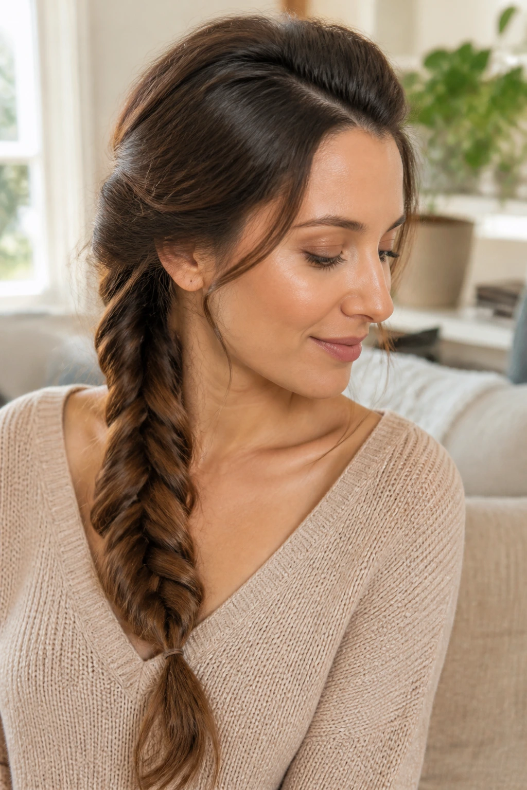 Close-up of a woman with a low-tension side fishtail braid