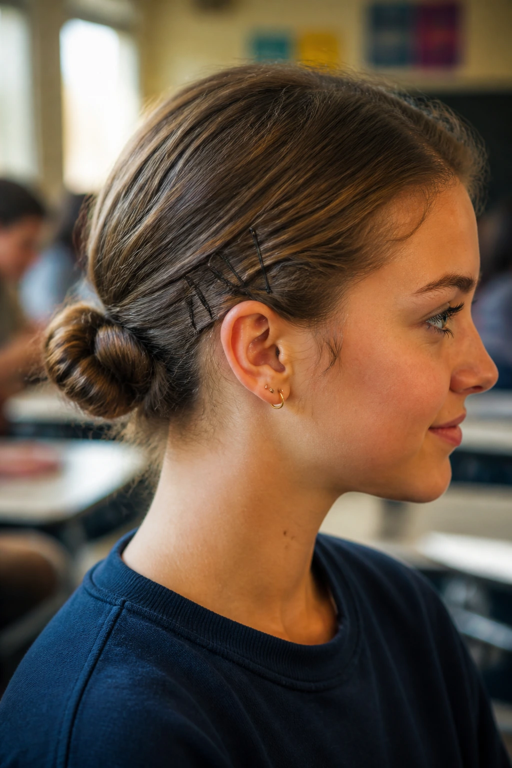 Close-up of a real student with a low twisted bun and Bobby pins