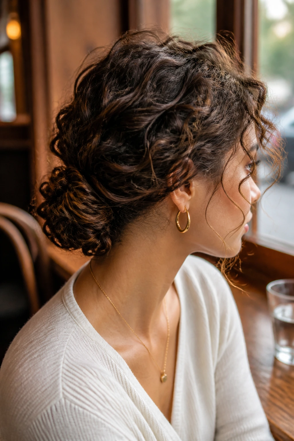 Close-up of a real woman with a low twisted chignon at the nape