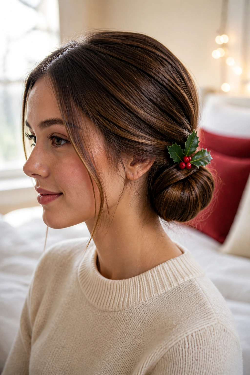 Close-up of a real woman with a low twisted chignon at the nape in warm bedroom light
