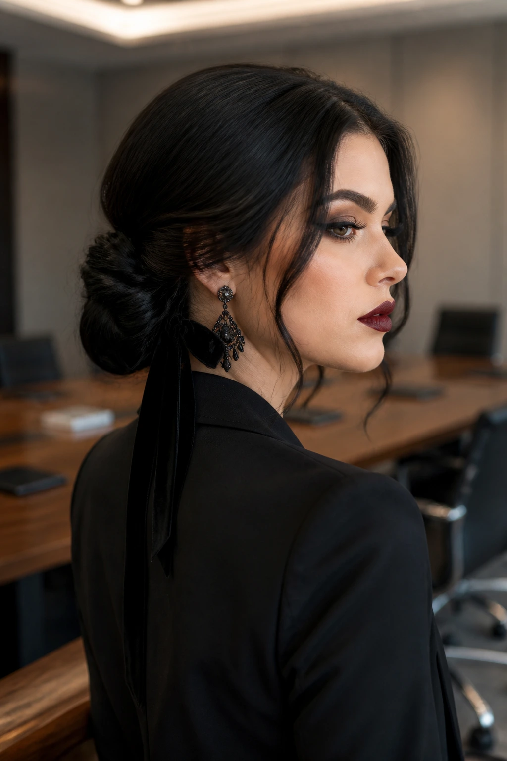 Close-up portrait of a real person with a low twisted chignon and dark ribbon in an office