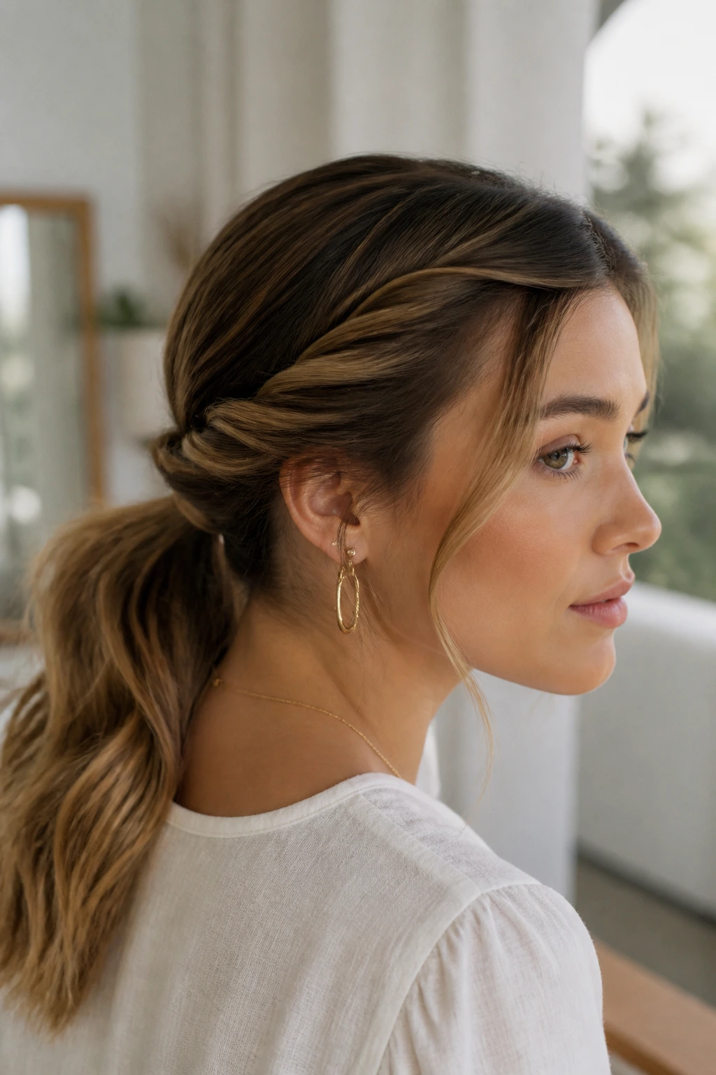 Close-up of a real woman with a low twisted ponytail