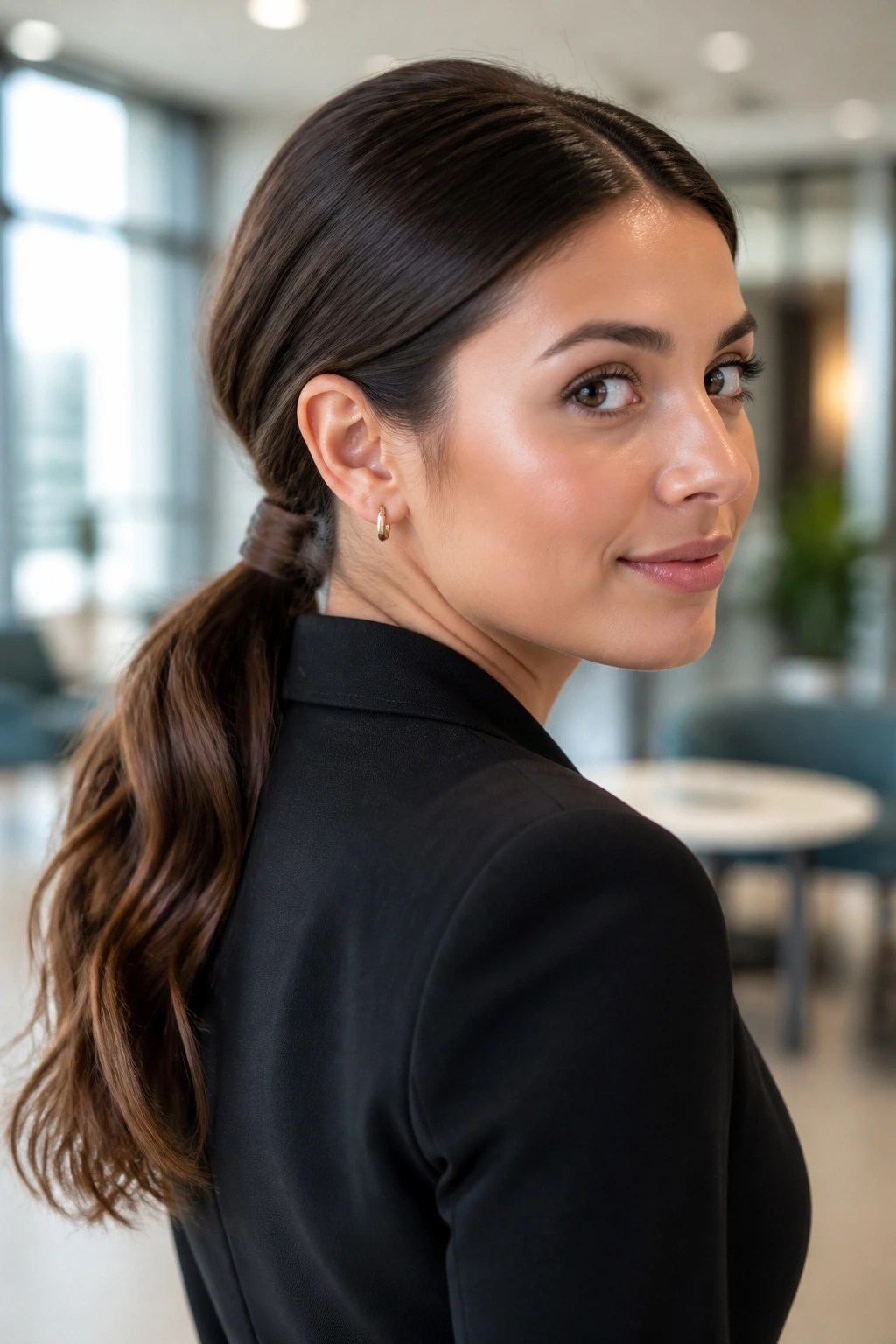 Close-up of a woman with a low wrapped ponytail in a modern office