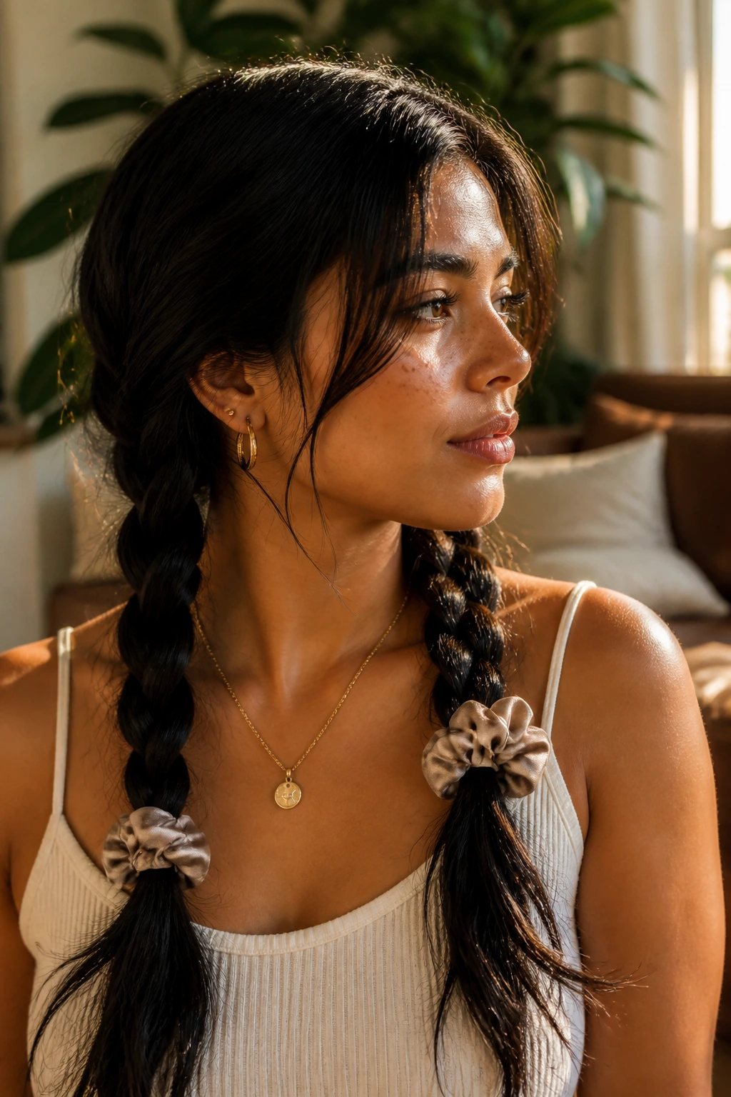 Close-up of a real woman with two loose low braids at the nape.