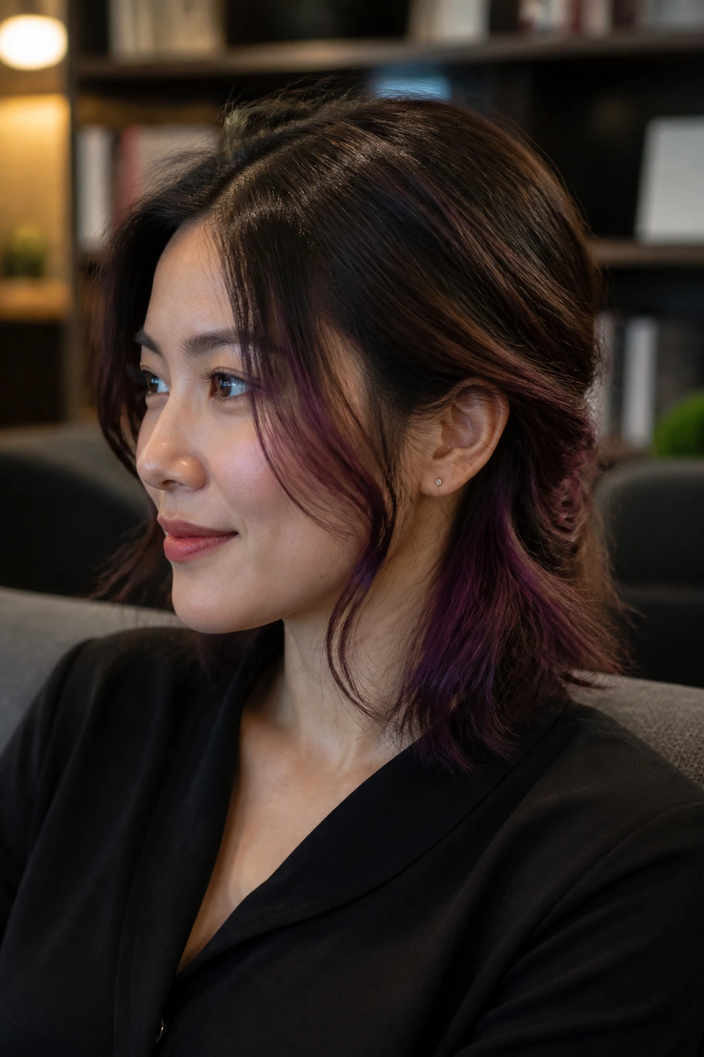 Portrait of a woman with berry-violet lowlights for dimension in an office setting