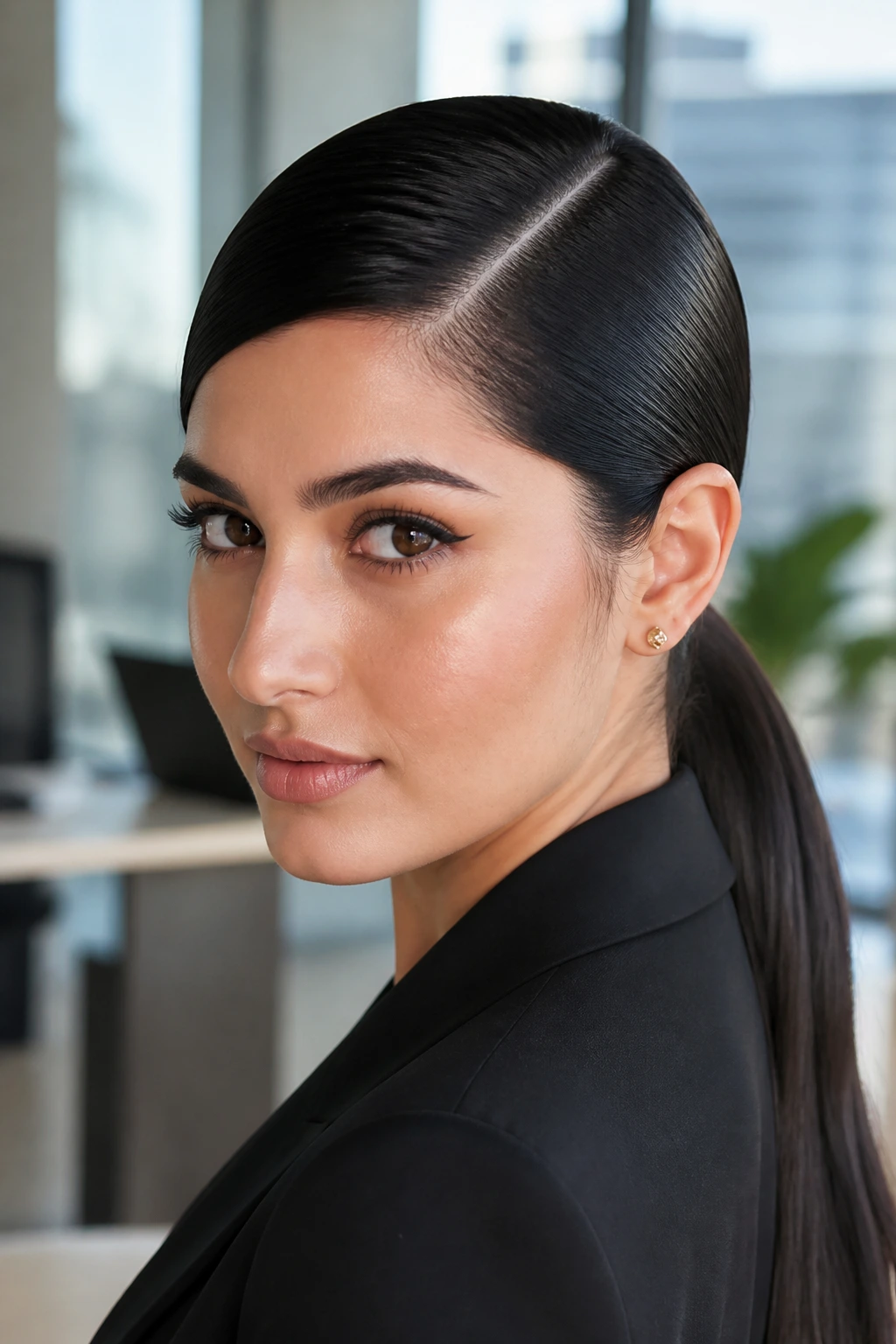 Close-up of real woman with deep side part and sleek low ponytail
