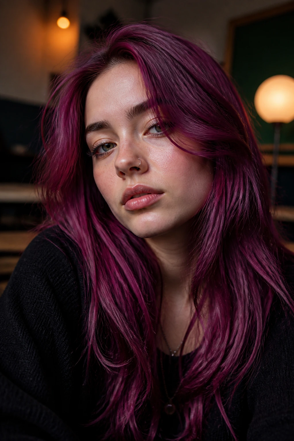 Close-up portrait of a real person with deep magenta berry hair in moody classroom lighting