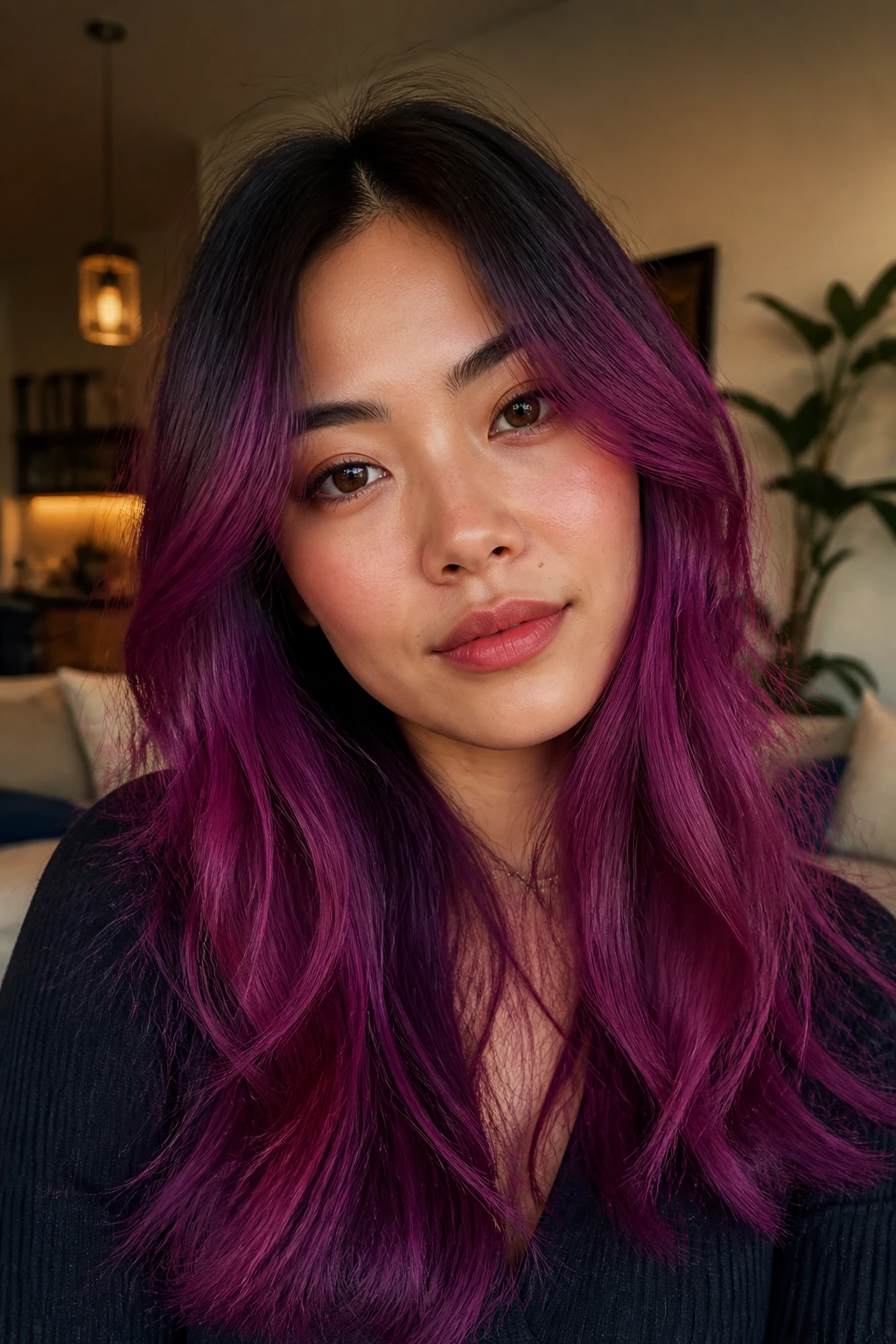 Close-up of an Asian woman with rich magenta-purple blend on dark hair