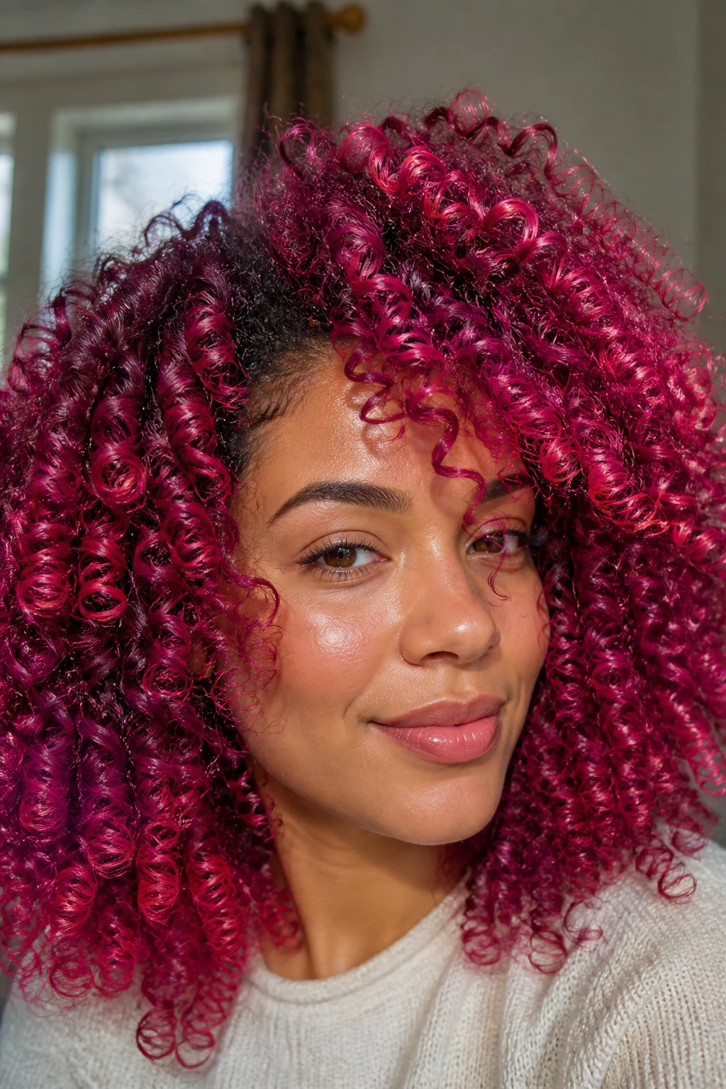Close-up of a person with magenta-rose tight ringlets.
