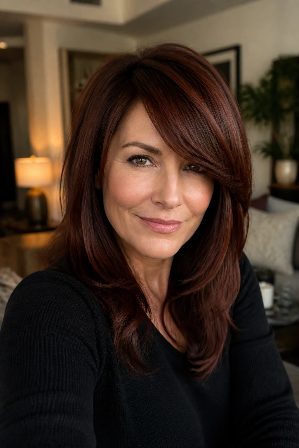 Close-up of a woman with a thick layered fringe swept diagonally in mahogany tones