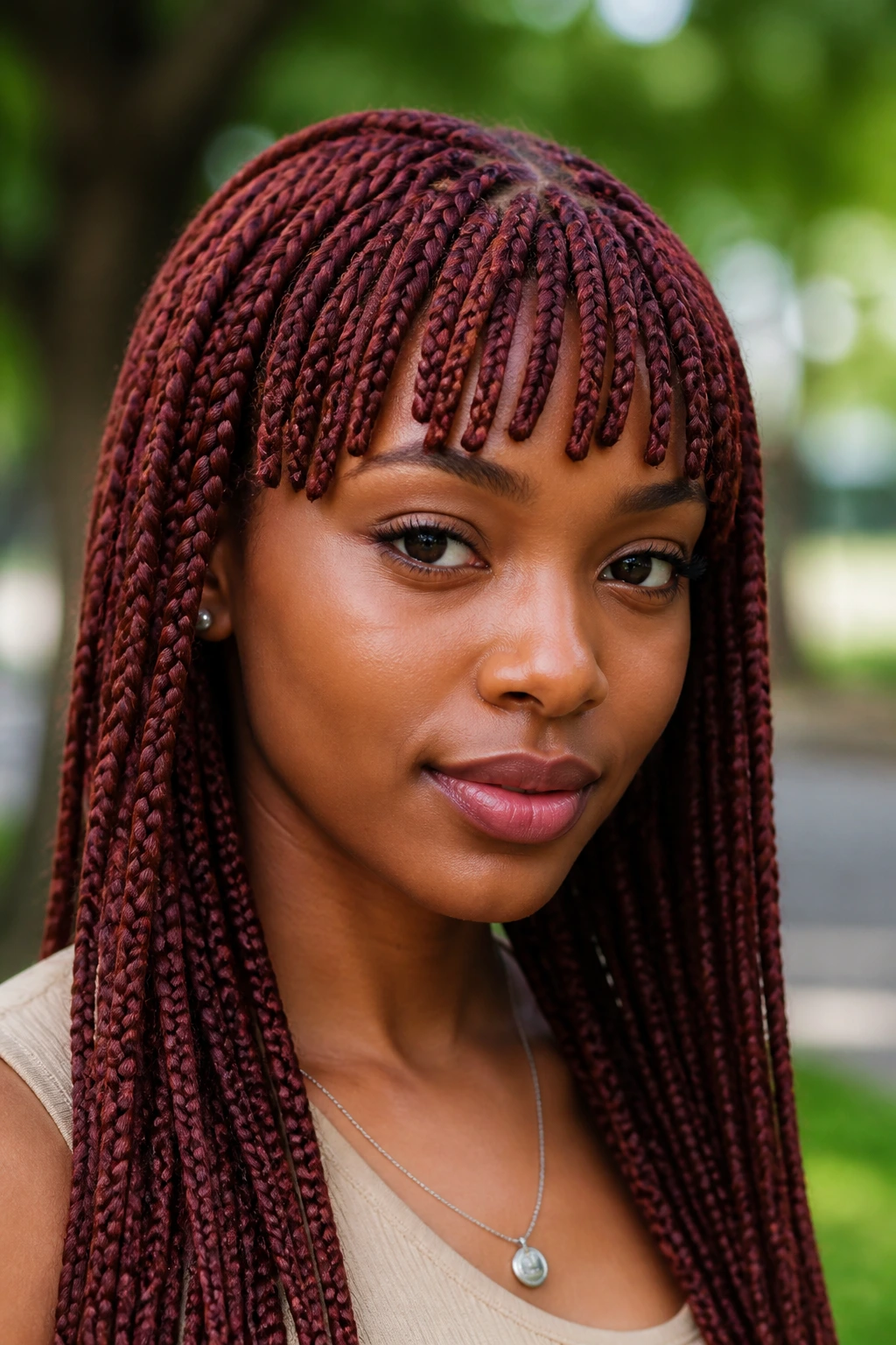 Close-up portrait of a real person with mahogany box braids and a braided fringe above the eyes