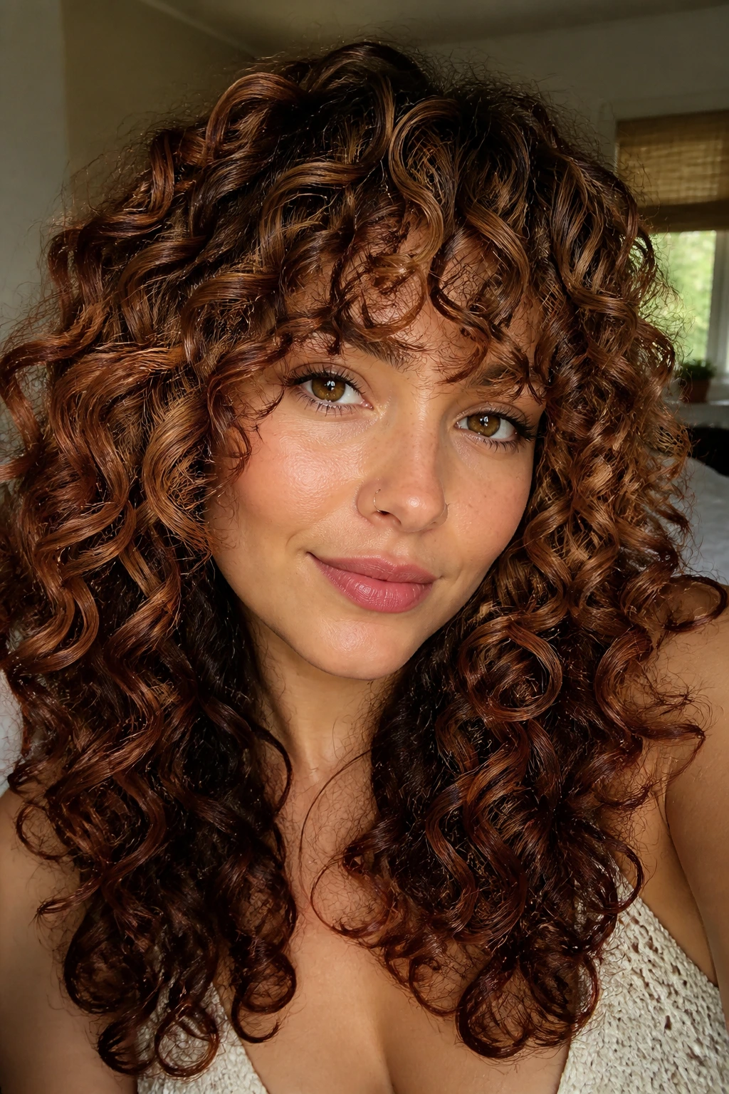 Close-up of a real woman with chestnut curls and mahogany lowlights near the bangs