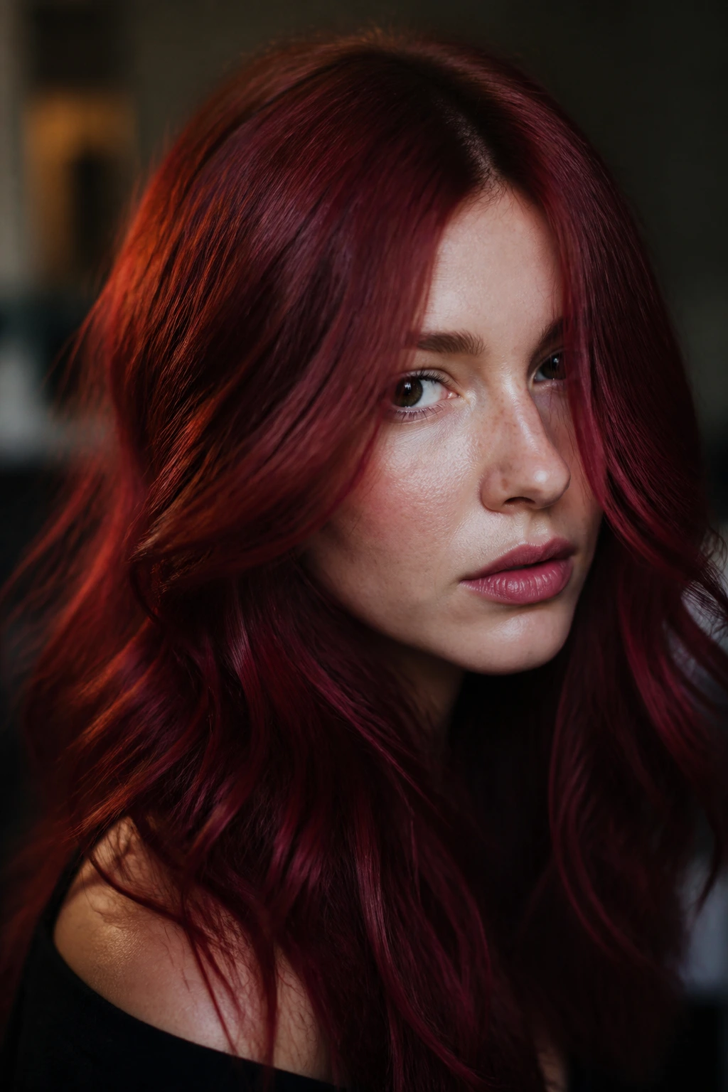 Close-up portrait of a real woman with deep mahogany-orange hair and violet undertones
