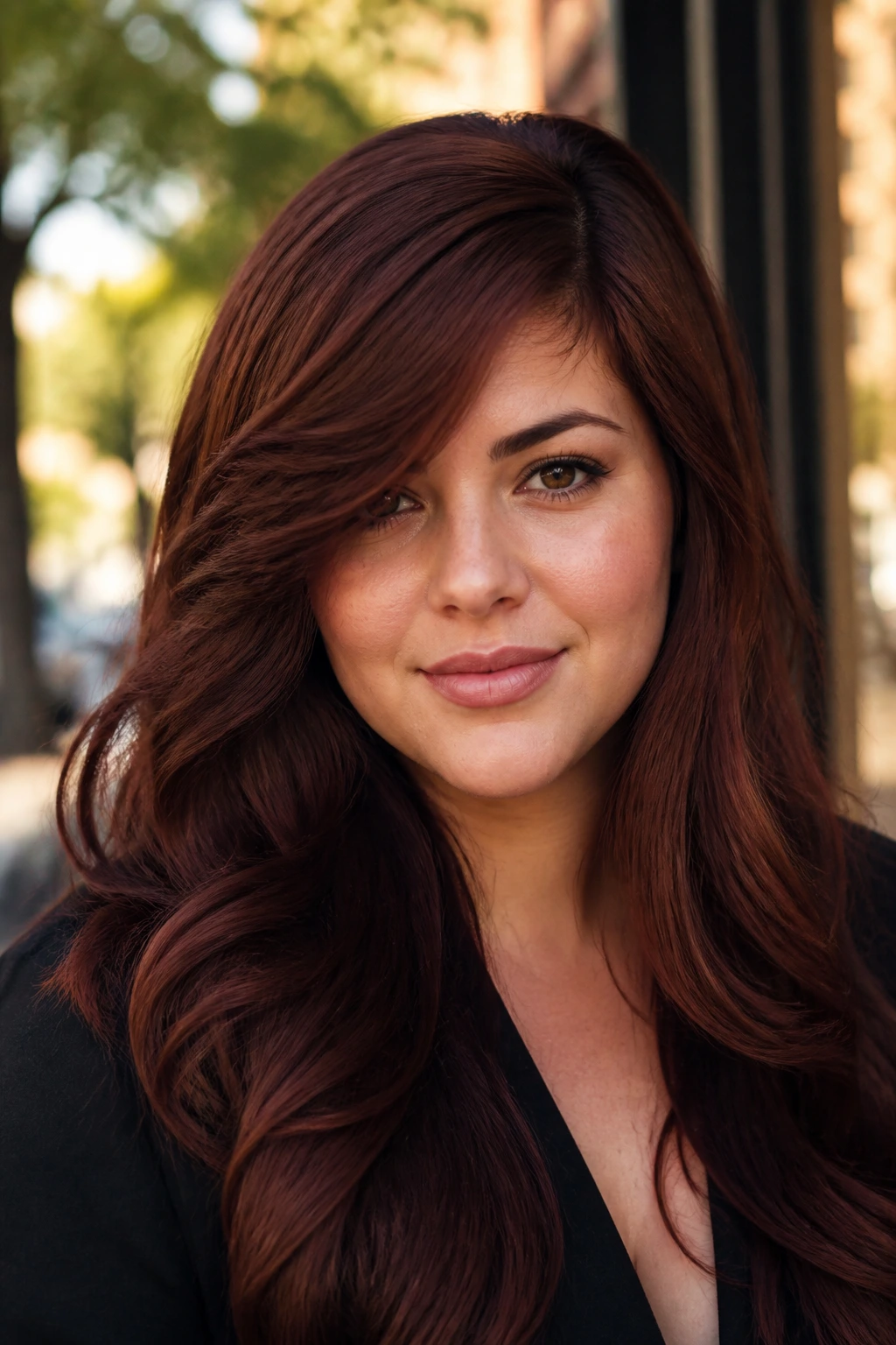 Portrait of a real woman with thick side-parted sweep and mahogany waves