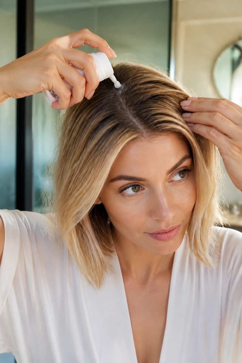 Real person performing essential maintenance for fine hair at vanity