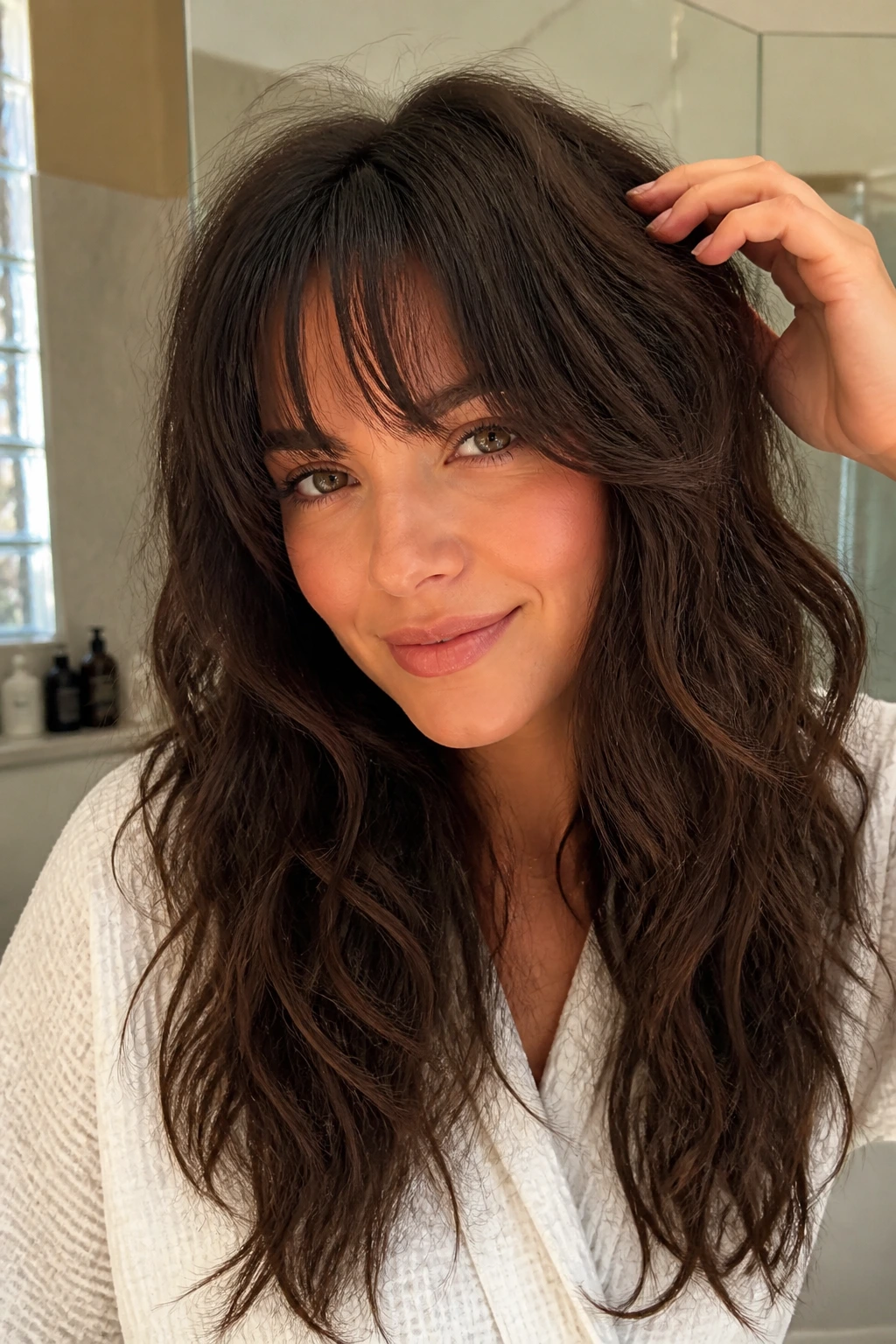 Close-up of a real woman with well-maintained wavy layers and bangs in a bathroom