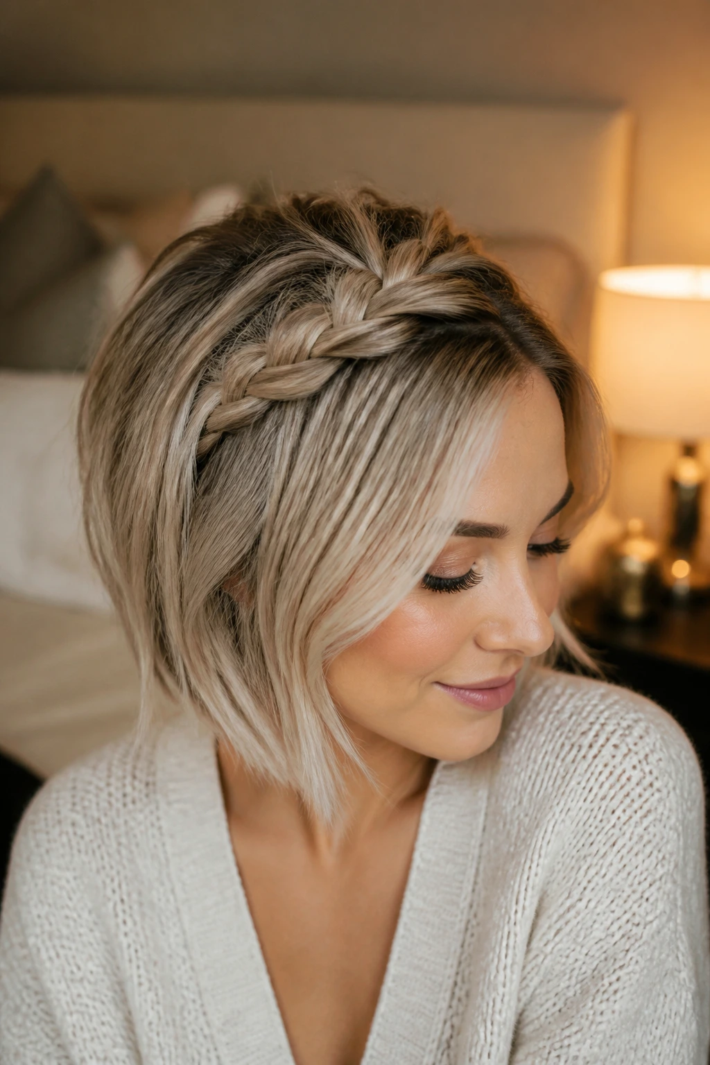 Close-up of a woman with a high crown braid in a tapered bob in a bedroom