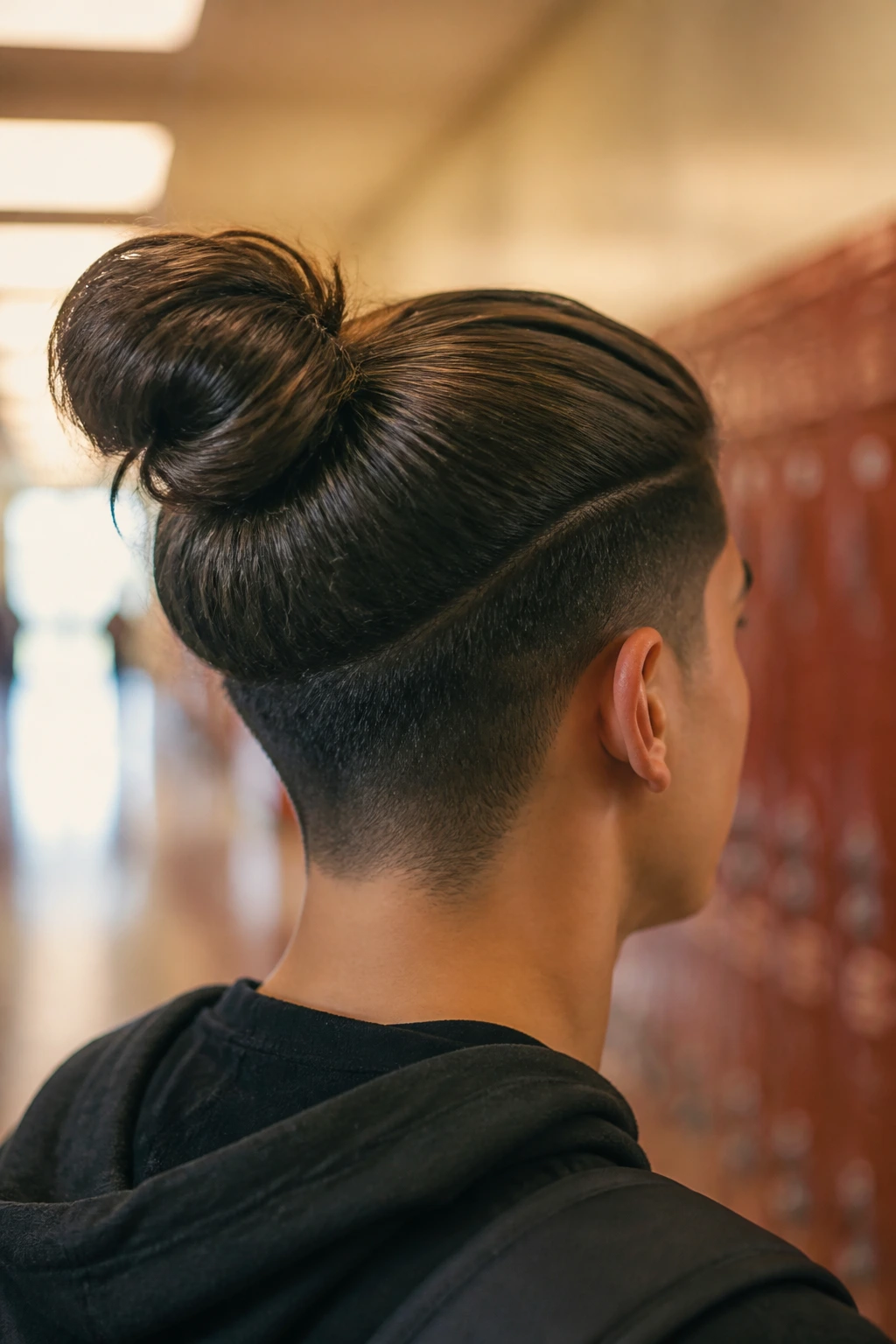 Back-of-head view of a teen with a man bun and tapered sides