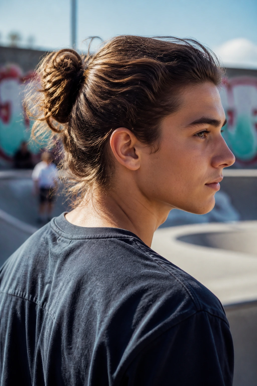 Teenage boy with a man bun at an outdoor skate park