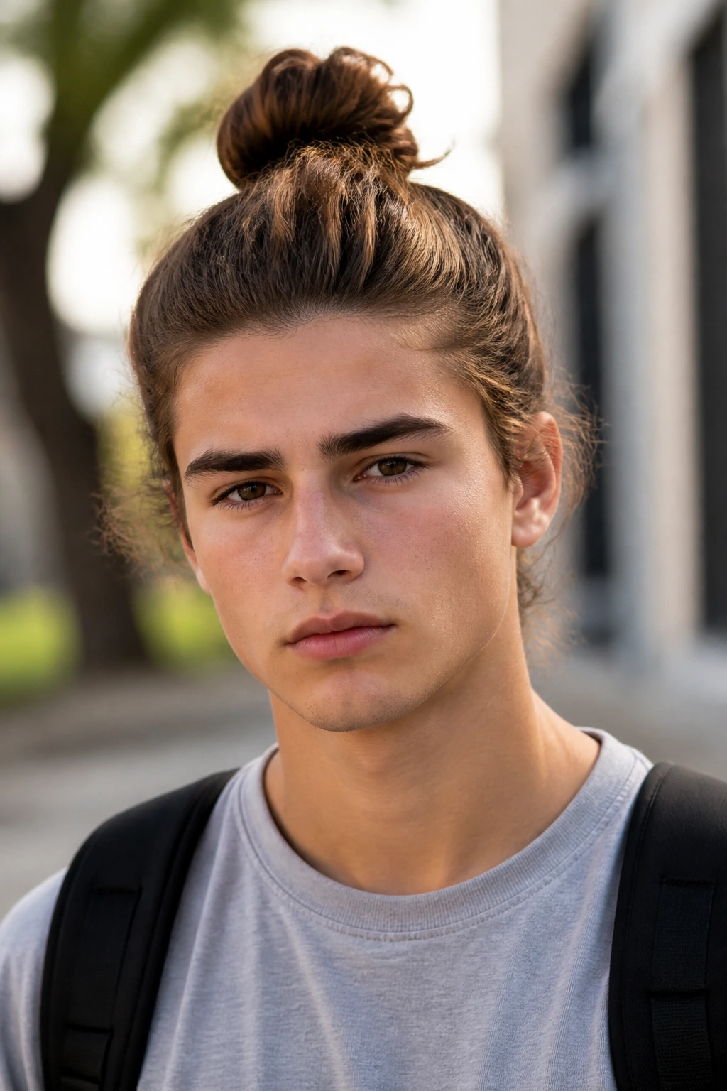Teenage boy with a man bun in natural light