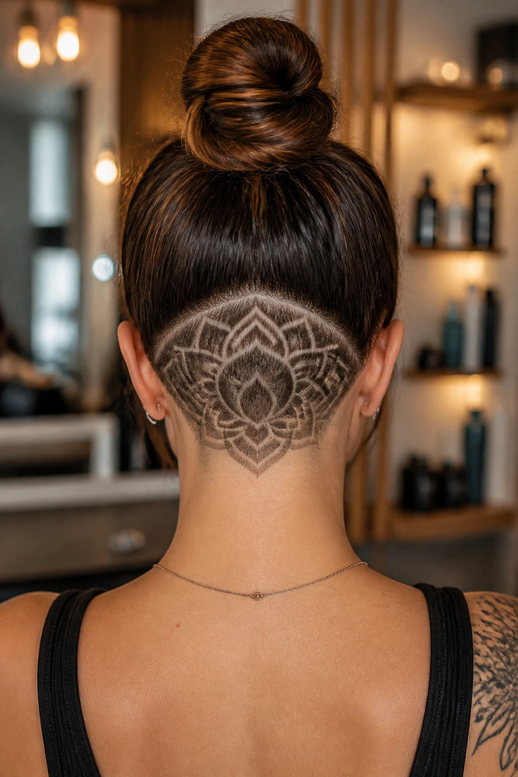 Close-up of a real person showing a circular mandala pattern shaved at the nape undercut with hair tied in a top knot.