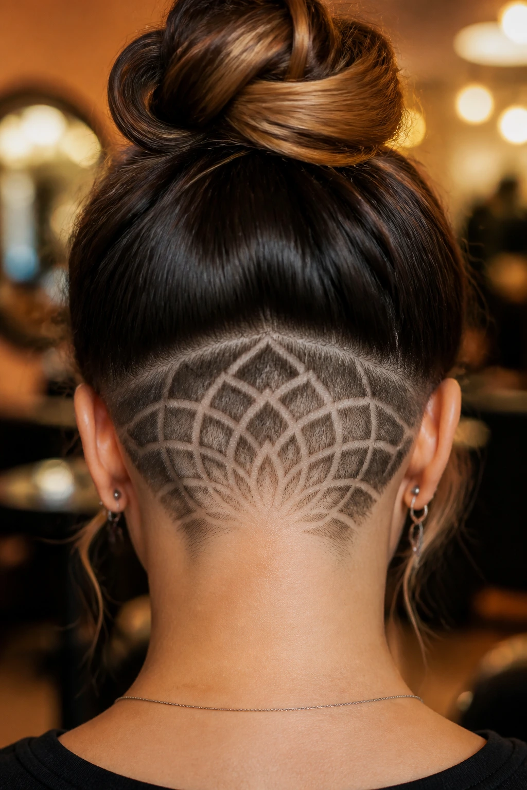 Back view of head showing mandala shaved at nape with hair in a bun