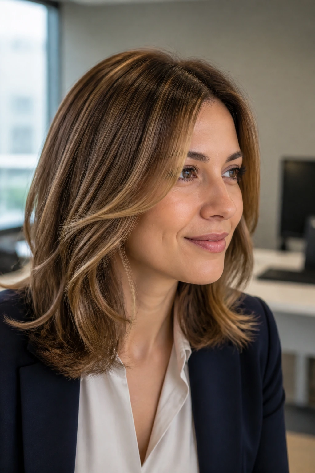 Portrait of a real person with soft maple highlights on shoulder-length hair in an office