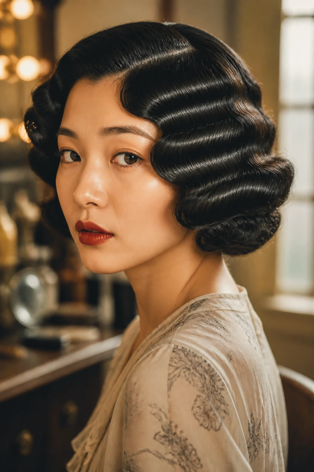 Close-up of a real woman with a 1930s Marcel-Wave Bob showing dimensional waves on dark hair