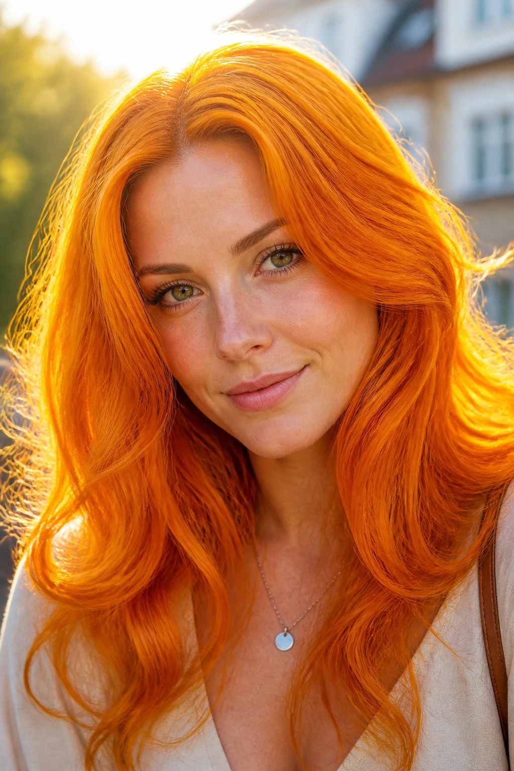 Close-up portrait of a real person with bright marigold yellow-orange hair outdoors