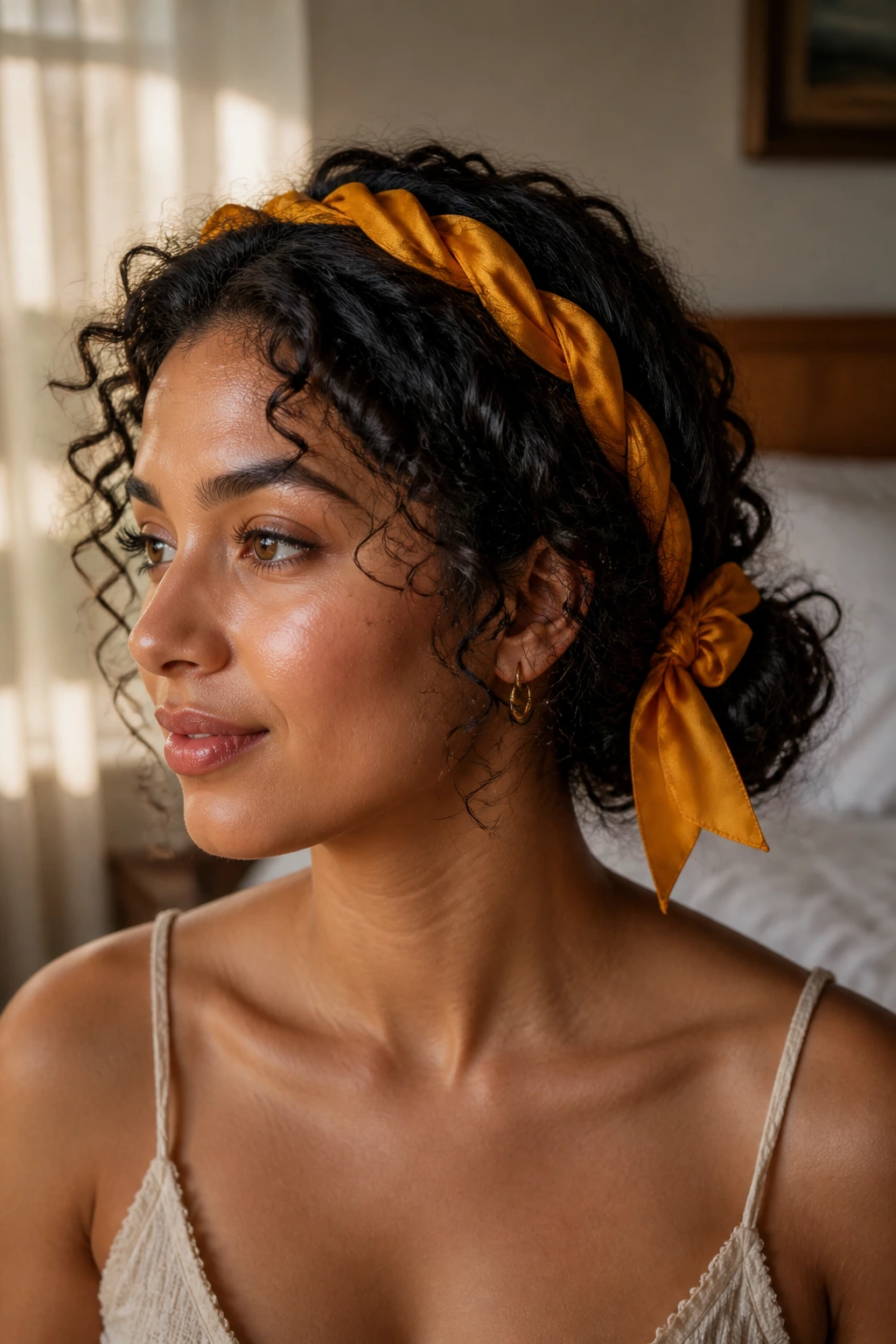 Close-up of marigold ribbon crown on a real woman's bun with warm daylight