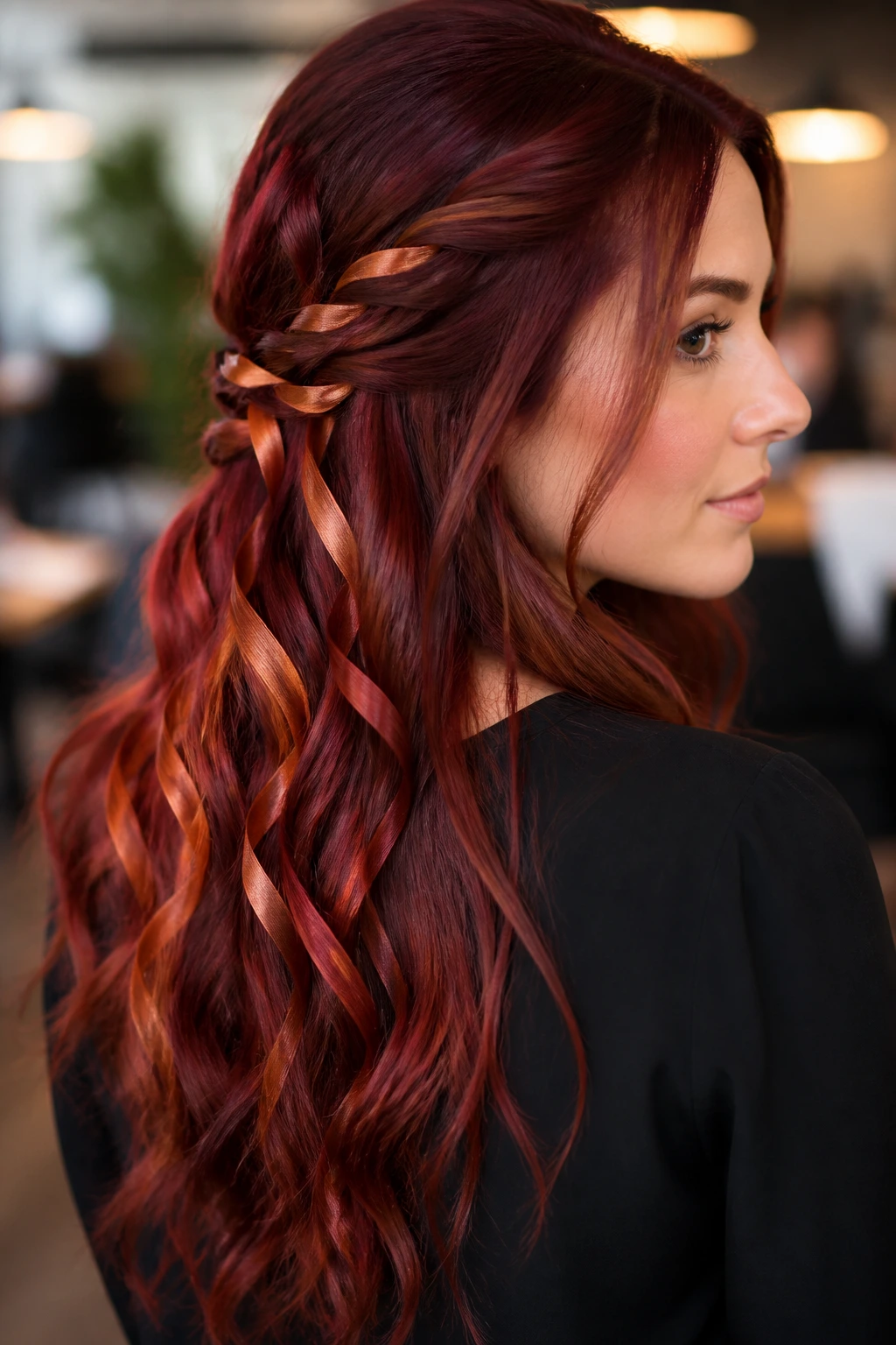 Portrait of maroon hair with copper ribbons in middle and back