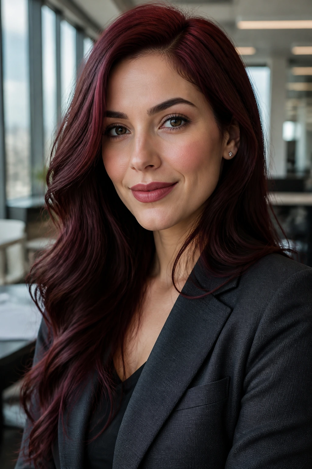 Professional with maroon hair in blazer in office setting