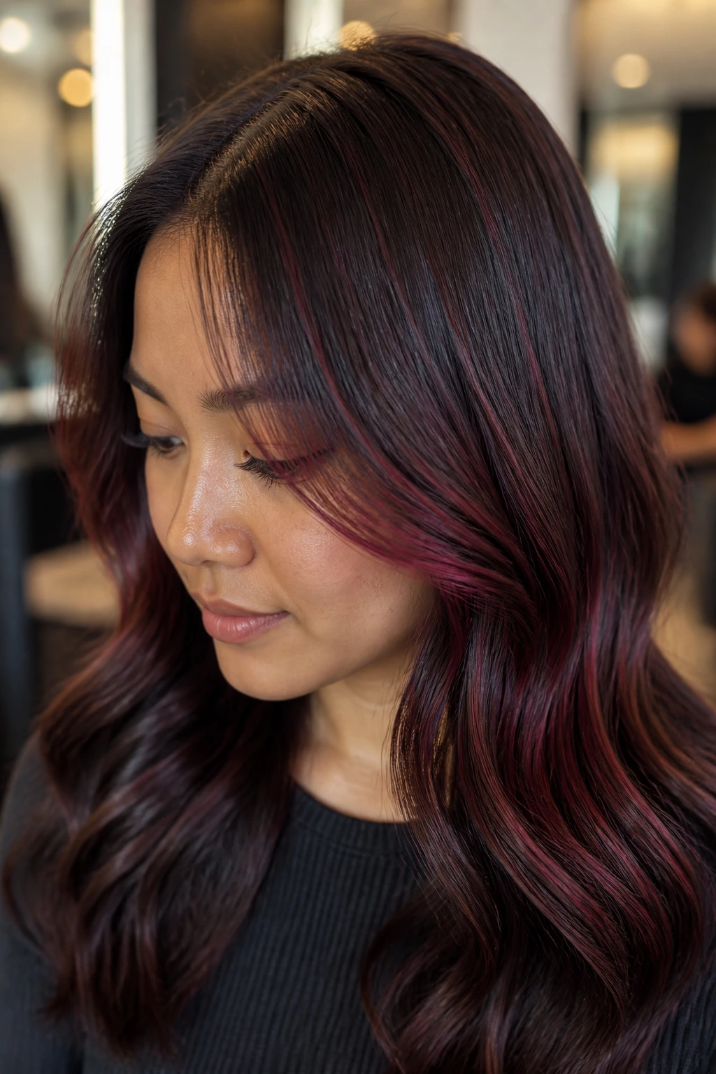 Close-up of a real person with maroon micro-highlights in hair under warm salon lighting