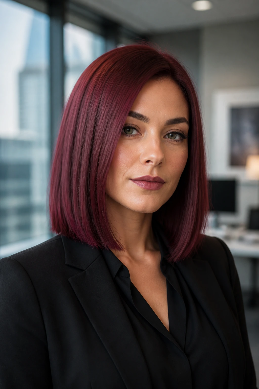 Real person with blunt maroon lob in an office-like setting