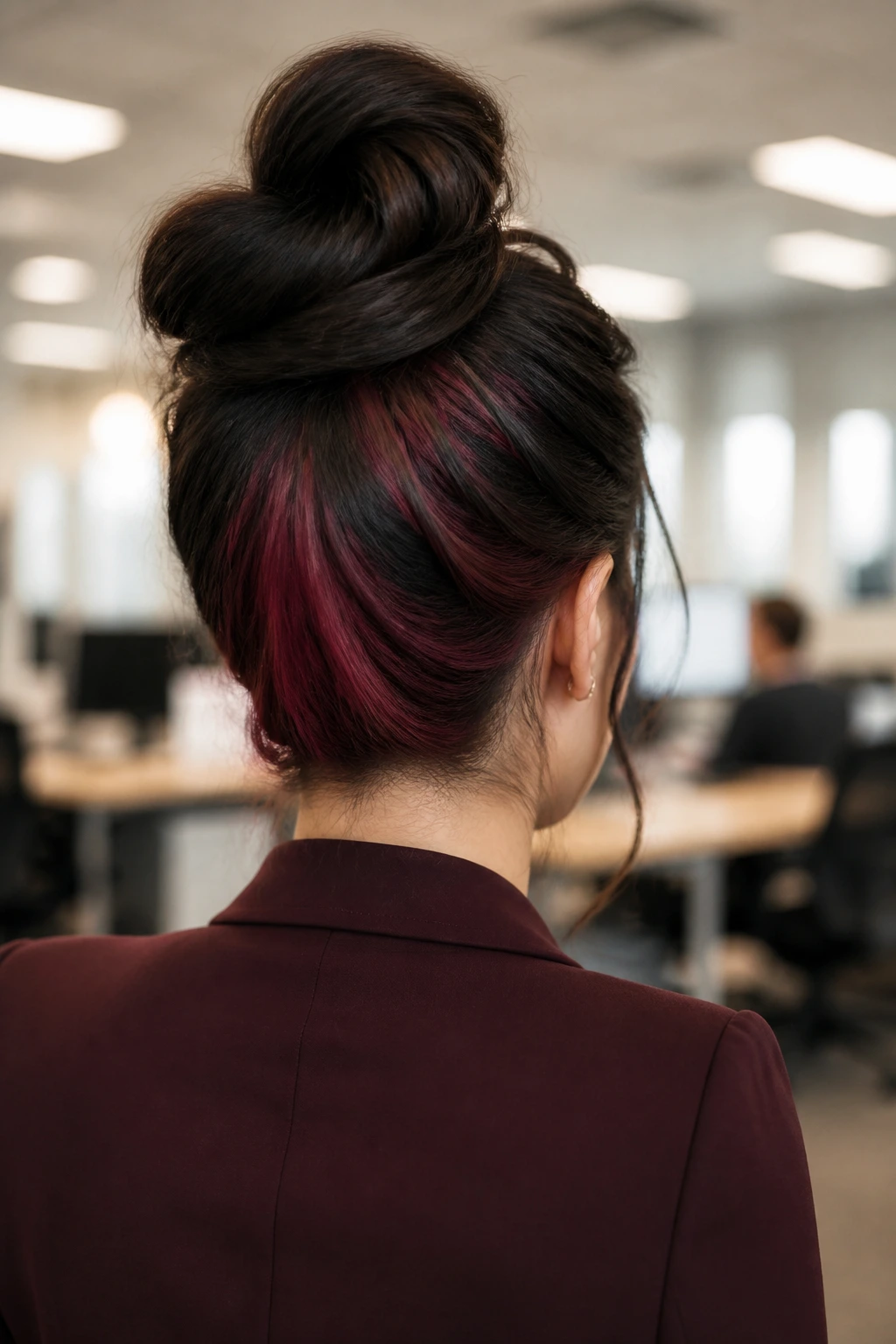 Back-of-head view showing maroon peek-a-boo layers in high bun