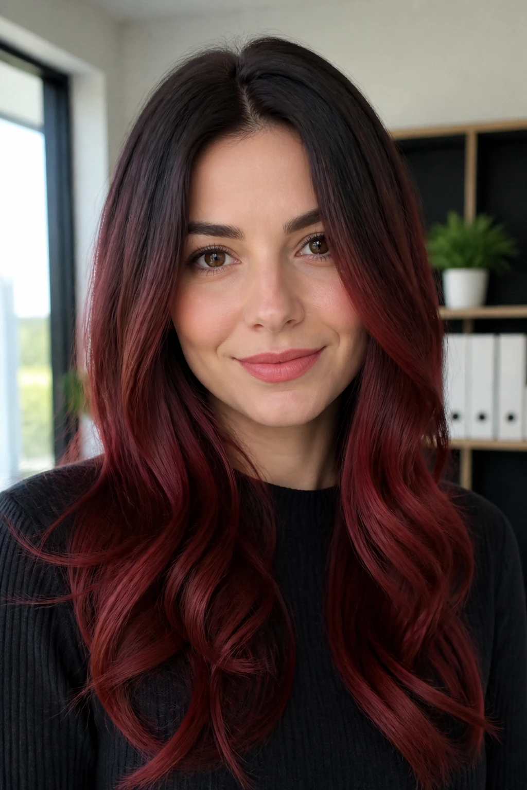 Close-up of a person with root melt hair transitioning from natural roots to maroon