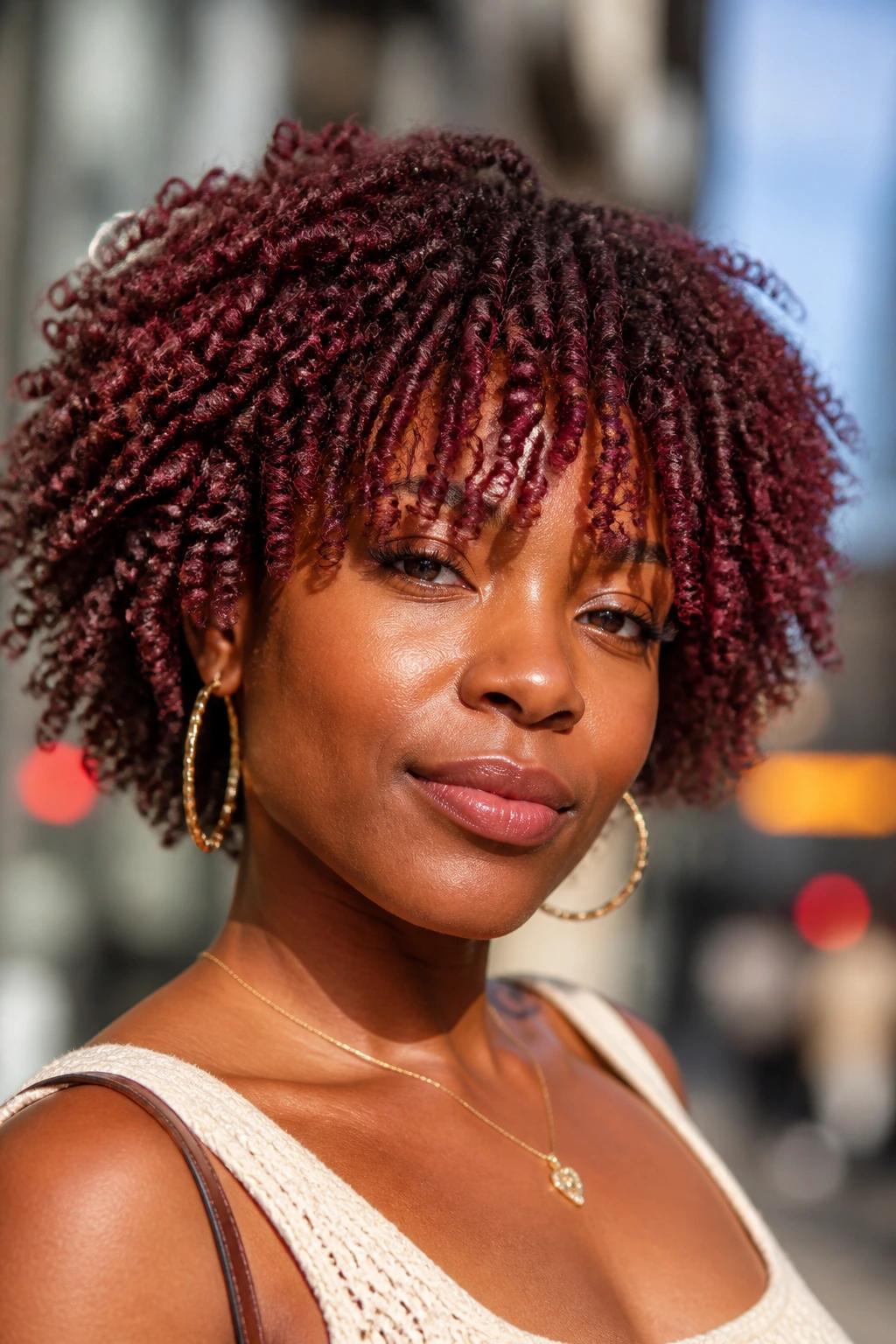 Close-up of a real woman with maroon twist-out and face-framing fringe in sunlight.