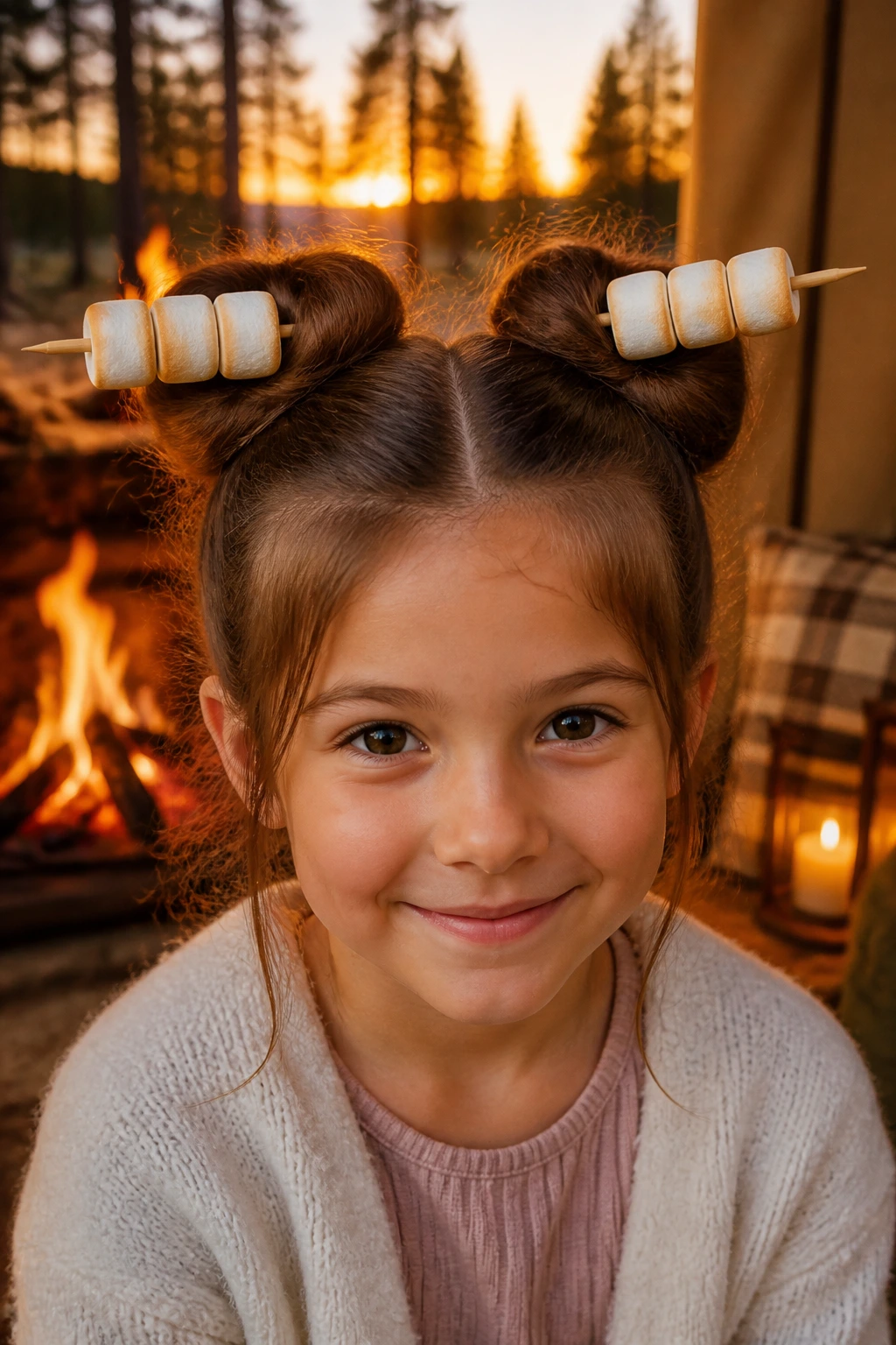 Close-up of child with space buns and marshmallow skewers in hair