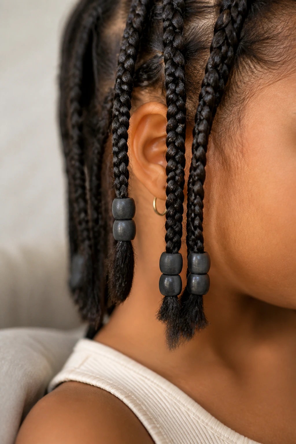 Close-up of matte beads on a braid for a soft finish