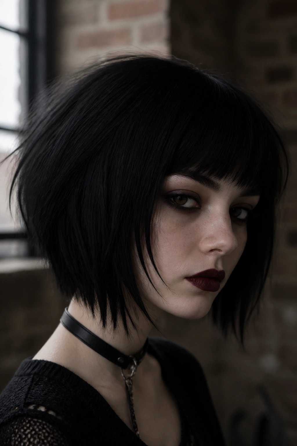 Close-up of a real woman with inky matte black hair, no shine.