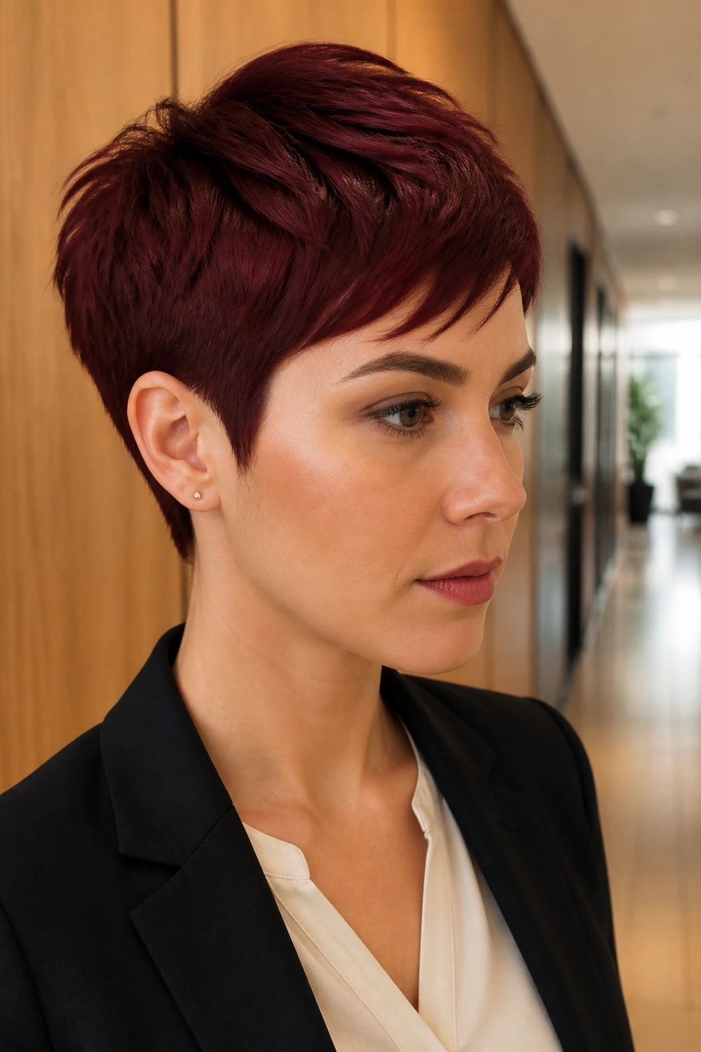 Close-up of a real person with matte maroon pixie cut in an office setting